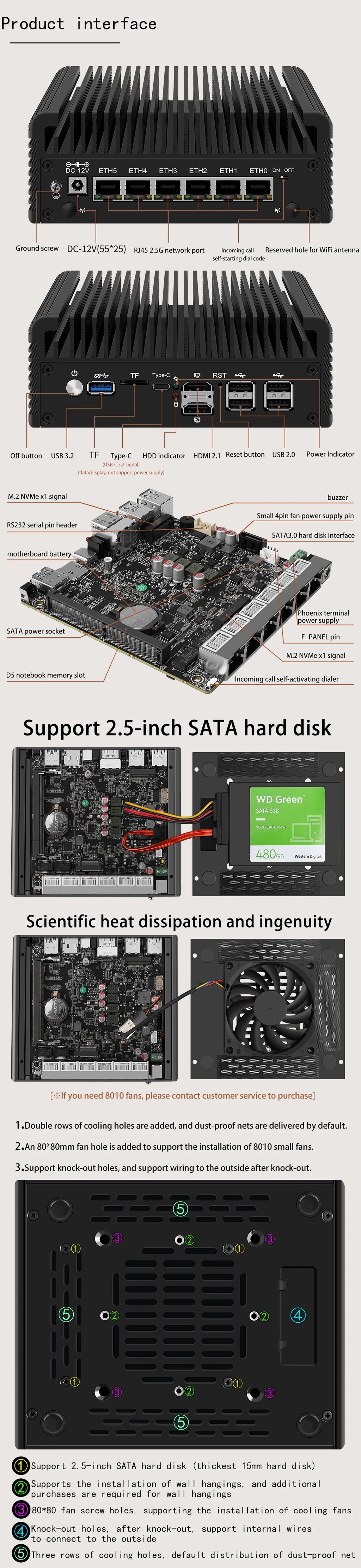 6 LAN 2.5G Firewall Router Intel 3 N355 N200 N150 N97 i226-V Fanless Mini PC DDR5 2xNVMe 1xSATA3.0 2xHD Type-C pfSense OPNsense