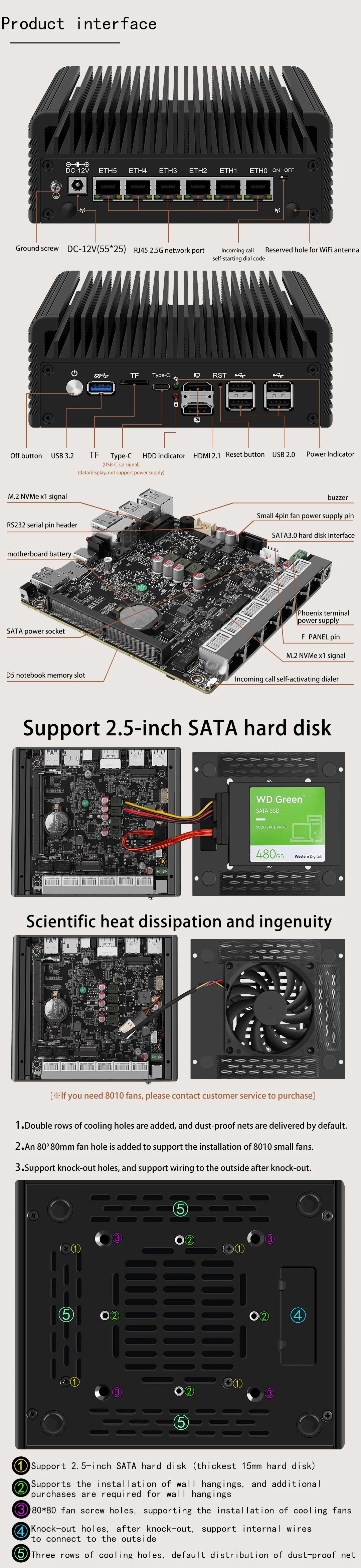 6 LAN 2.5G Firewall Router Intel 3 N355 N200 N150 N97 i226-V Fanless Mini PC DDR5 2xNVMe 1xSATA3.0 2xHD Type-C pfSense OPNsense