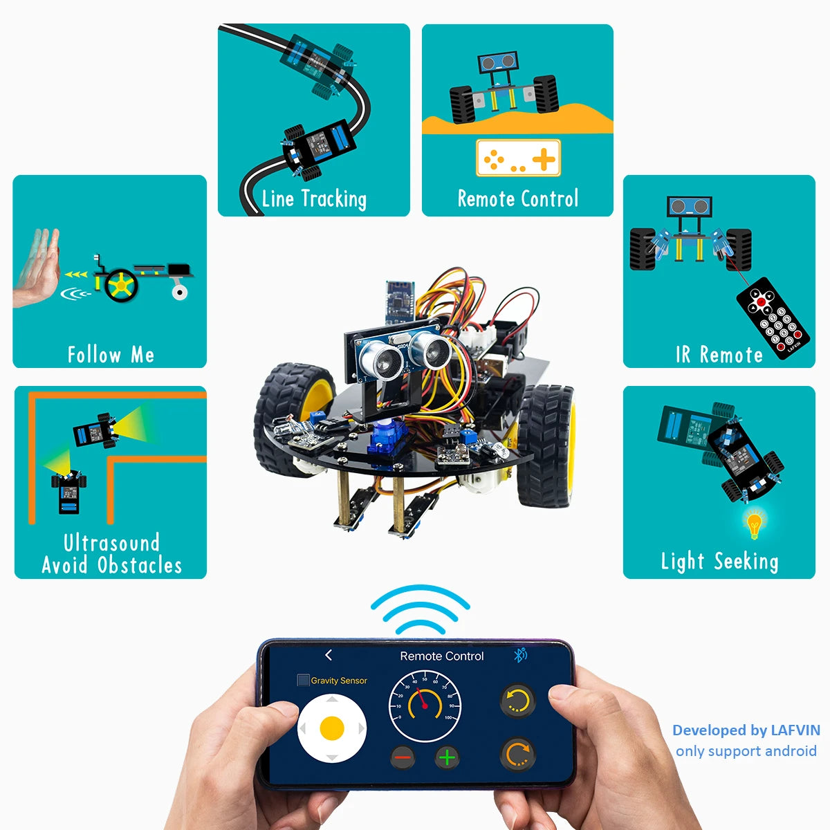 LAFVIN Smart Robot Car for Arduino 2WD Chassis Robot Car Kit With Ultrasonic Module, L298N Driver Board, Remote, IR Control