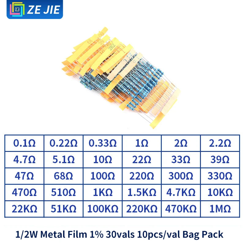 1/4W Metal Film Resistor Assortment Kit, 1/2W 1W 2W 3W 5W Through Hole Electronic Components Pack, 30/41/130 Kinds 1% Tolerance