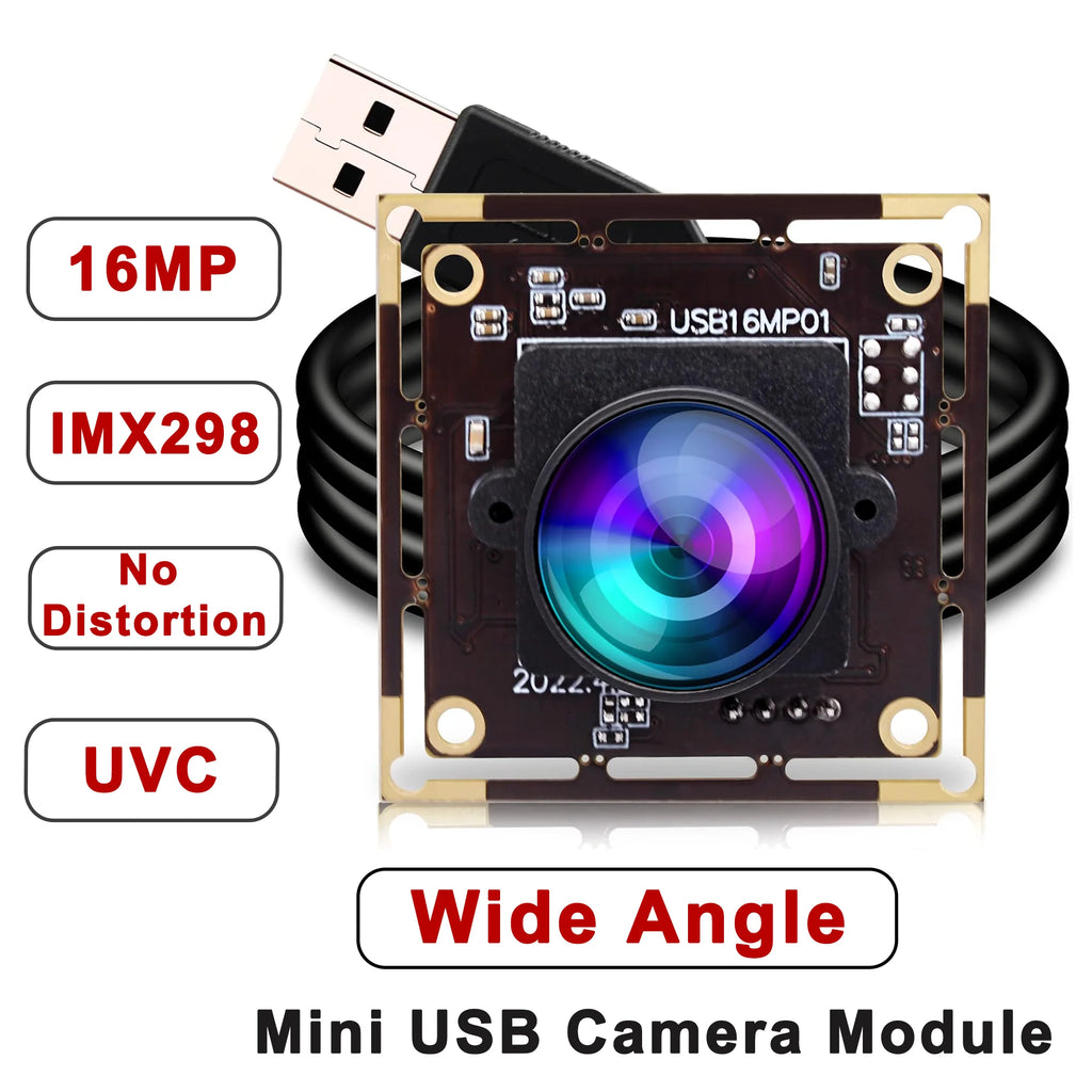 ELP 16MP USB Camera Module Wide Angle PC Webcam with Micro Distortion Lens IMX298 Industrial Lightburn Camera for Raspberry Pi
