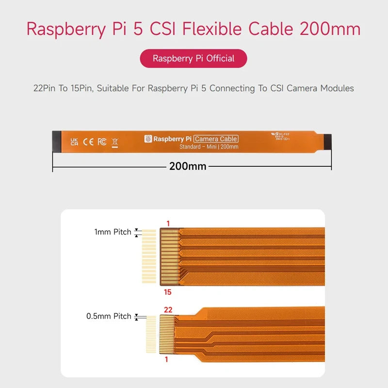 Official Raspberry Pi 5 Camera Flexible Flat Cable 22Pin to 15 Pin CSI Cable for RPi 5 200mm