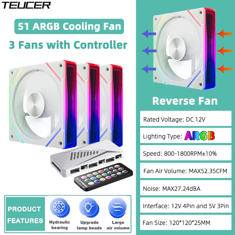 TEUCER Prism  ARGB PC Fan 12cm Computer Case Fan Kit Water Cooler 4pin PWM 5V 3PIN Cooling Fans