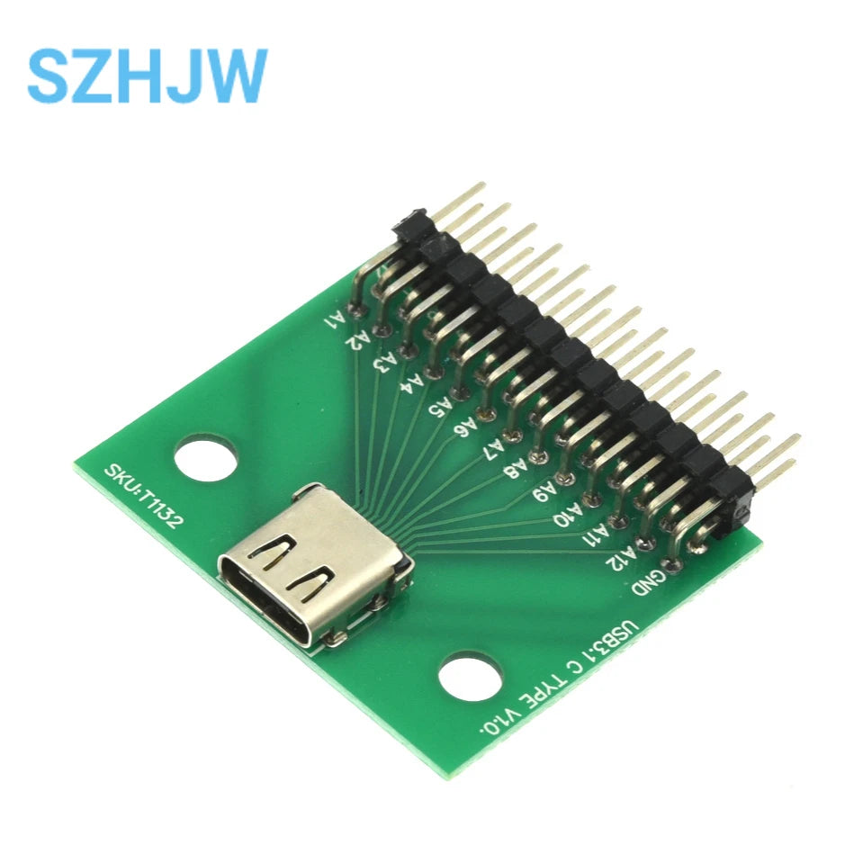 USB 3.1 Type-C Female Receptacle 24Pin PCB Mount SMT DIP Test Board with Header Pins for DIY Electronics Projects