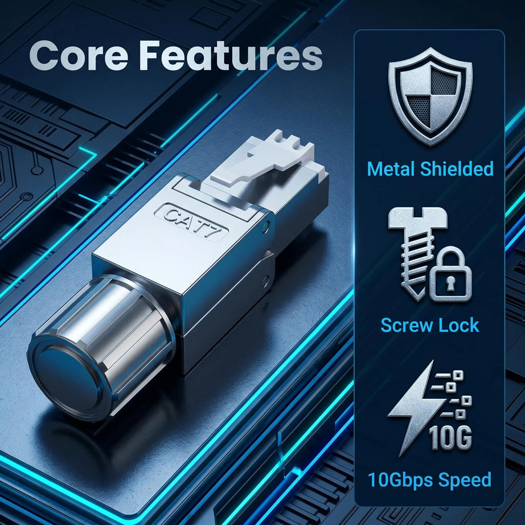 Cat7 Shielded Toolless RJ45 Crystal Plug, Zinc Alloy Shell Screw Locking Network Connector for 10Gbps High Speed Networking