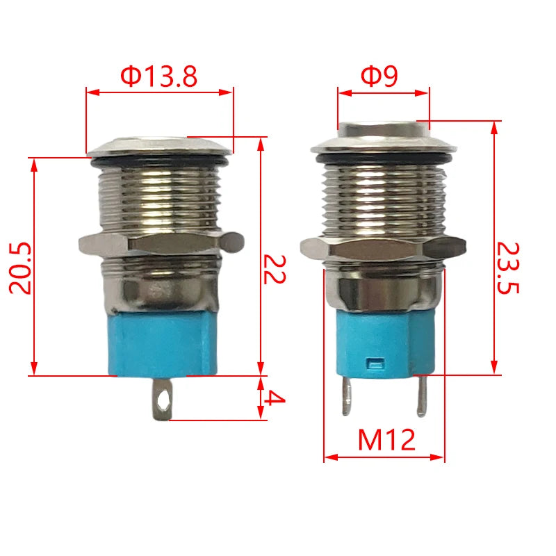 1PC 12mm 2Pin Metal Button Switch Flat Head Add 2Lines Fixed Latching No Light IP65 Metal Push Button Self-locking