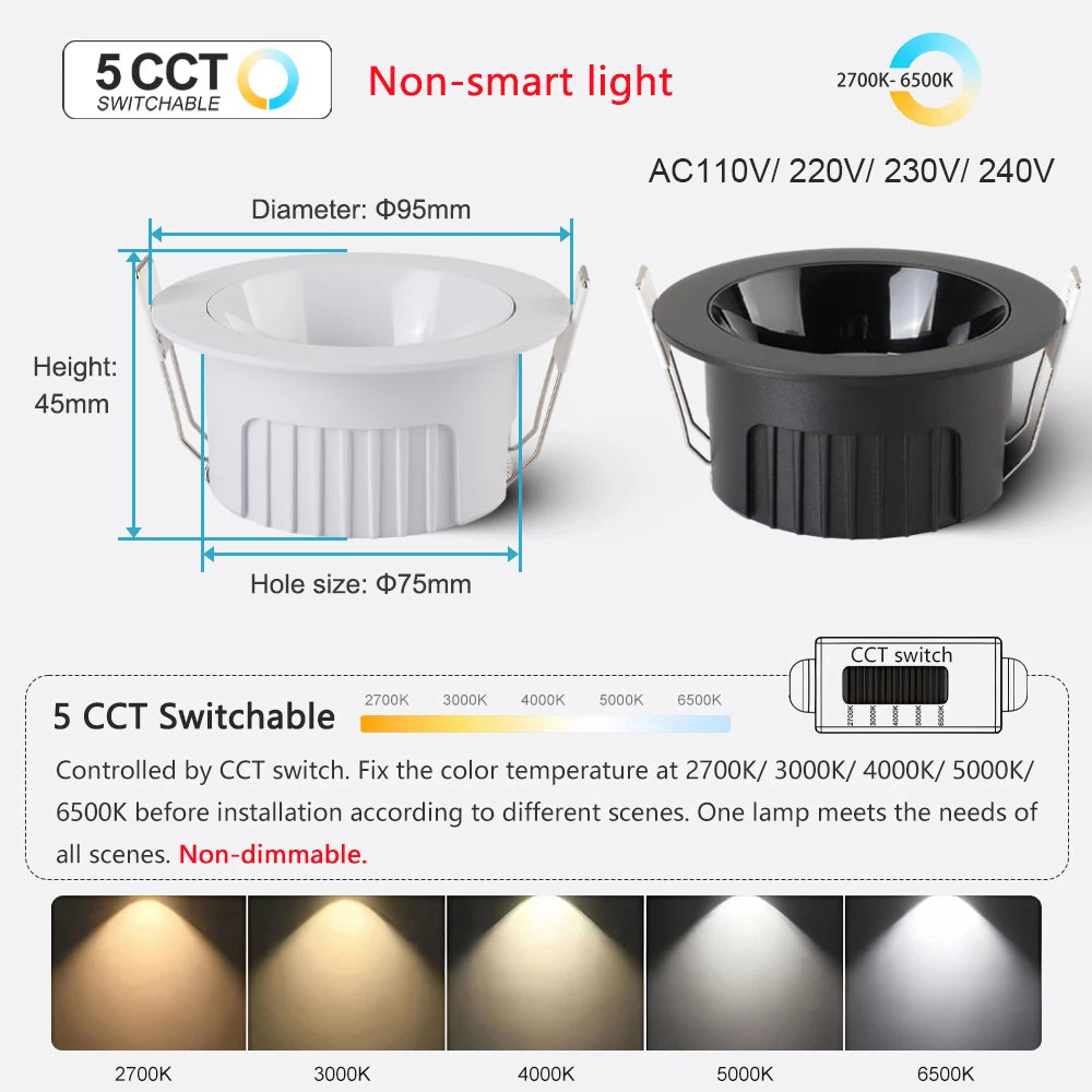Recessed Round LED COB Ceiling Spot Light 5 CCT Switchable/ Tuya BLE/ Zigbee/ DALI Fixtures Lighting Indoor Smart Lamp Lighting