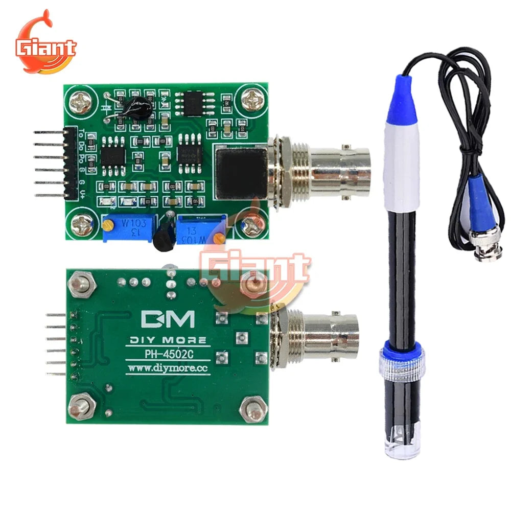 PH4502C Liquid PH Value Detection Detect Sensor Module Monitoring Control Test Module + BNC PH Electrode Probe + DS18B20 Cable