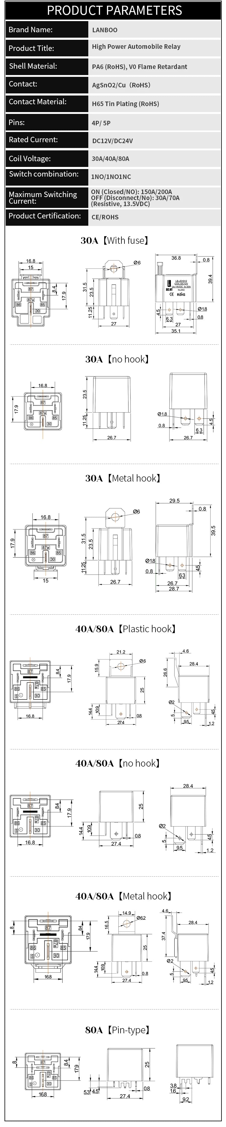 LANBOO 40A High Power Automotive Relay Car Control Relay for 12V/24V Vehicles for Automotive Use