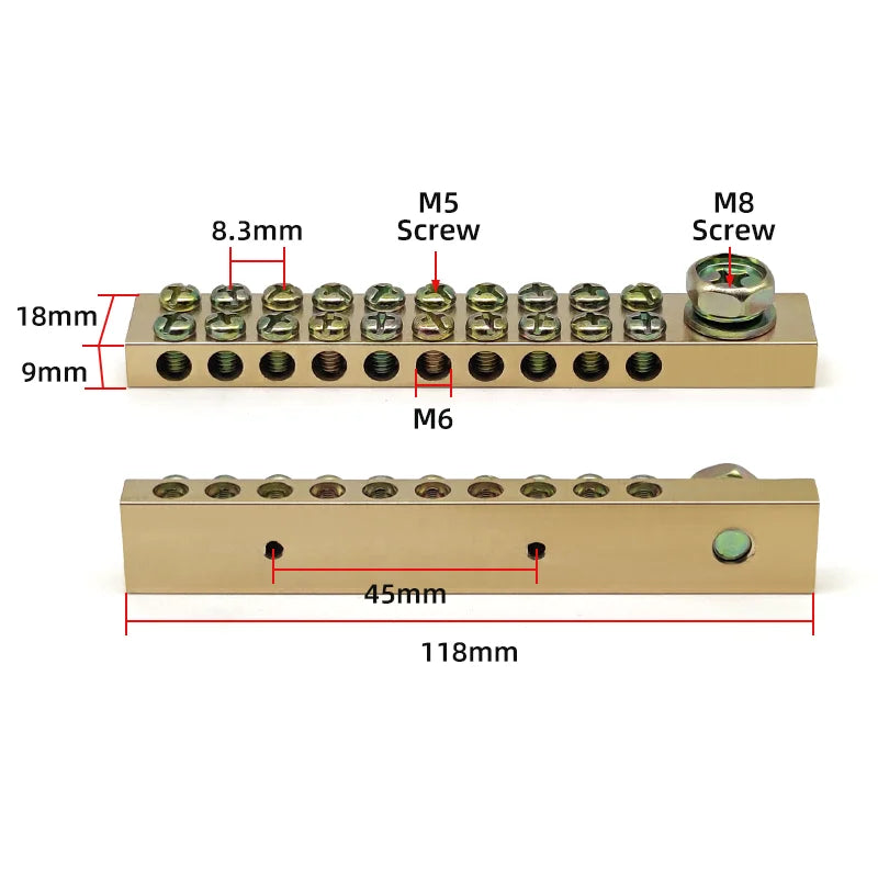 Terminal Block 10*18mm 8/10/12/16/20/24/30/40/50 Way One In Multiple Out High Current Double Neutral Ground Connector Brass Bar
