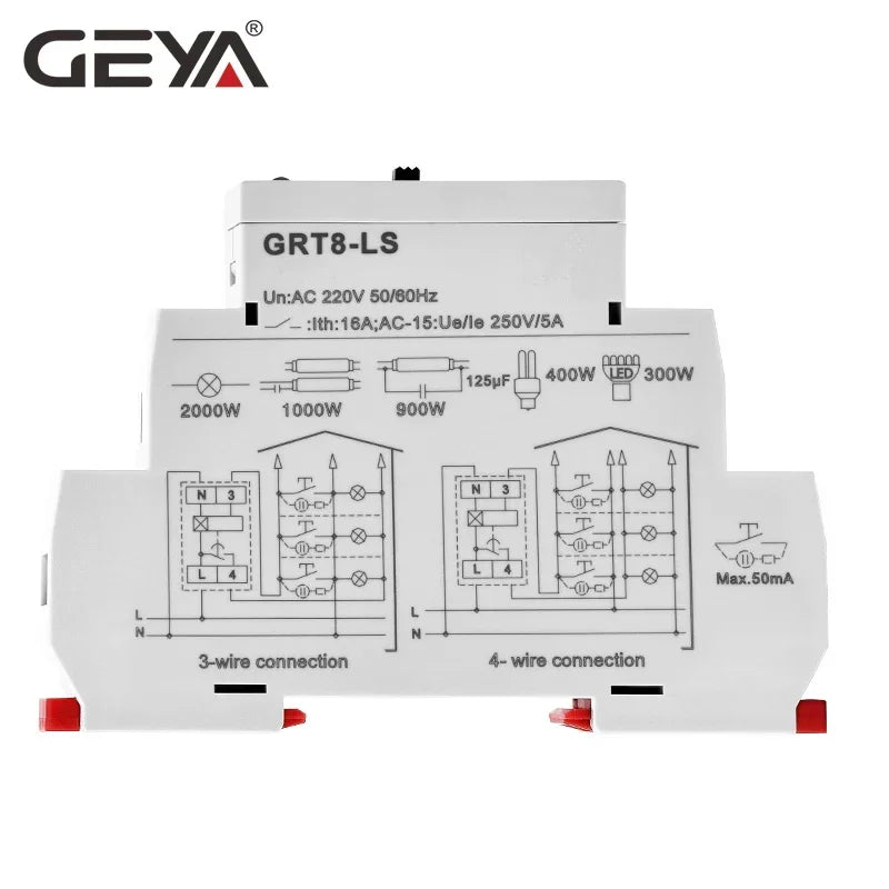 GEYA GRT8-LS/LM Din Rail Staircase Switch Lighting Timer Switch 230VAC 16A 0.5-20mins Delay off Relay Light Switch