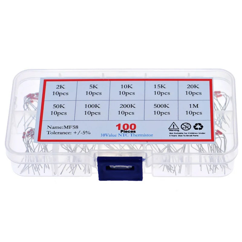100pcs 10values MF58 NTC Thermistor Resistor Assorted Kit 2K 5K 10K 15K 20K 50K 100K 200K 500K 1M Temperature Sensor +/-5% 3950B