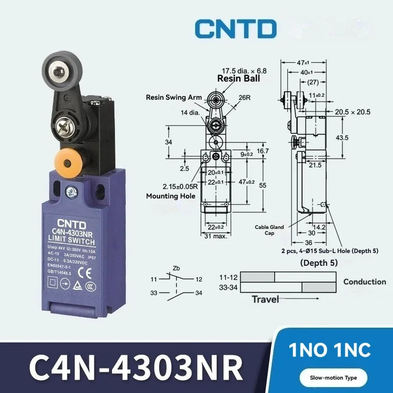 CNTD C4N‑NR Series vertical safety Micro Limit Switch IP65 Waterproof and dustproof Silver contact Safety Interlock C4N-4304NR