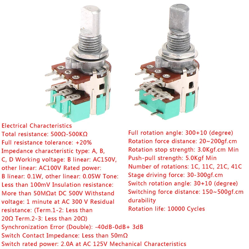 H120 Stereo Channel With Switch A50K A10K 15mm Half Shaft Volume Potentiometer Double Potentiometer