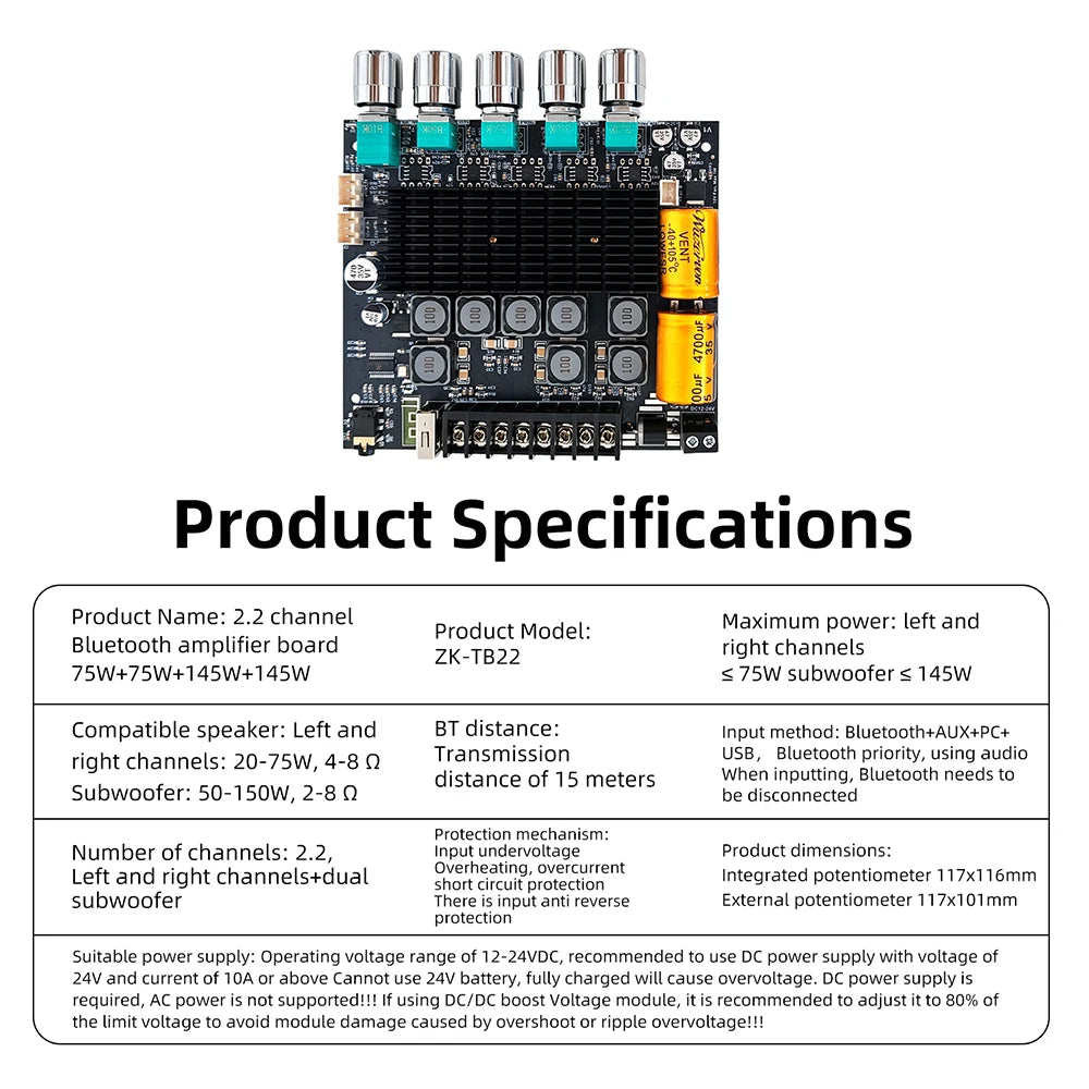 DC12‑24V ZK‑TB22 Audio Amplifier Module 75W+75W+145W+145W 2.2 Channel Bluetooth AUX USB PC Input Treble Bass Adjust