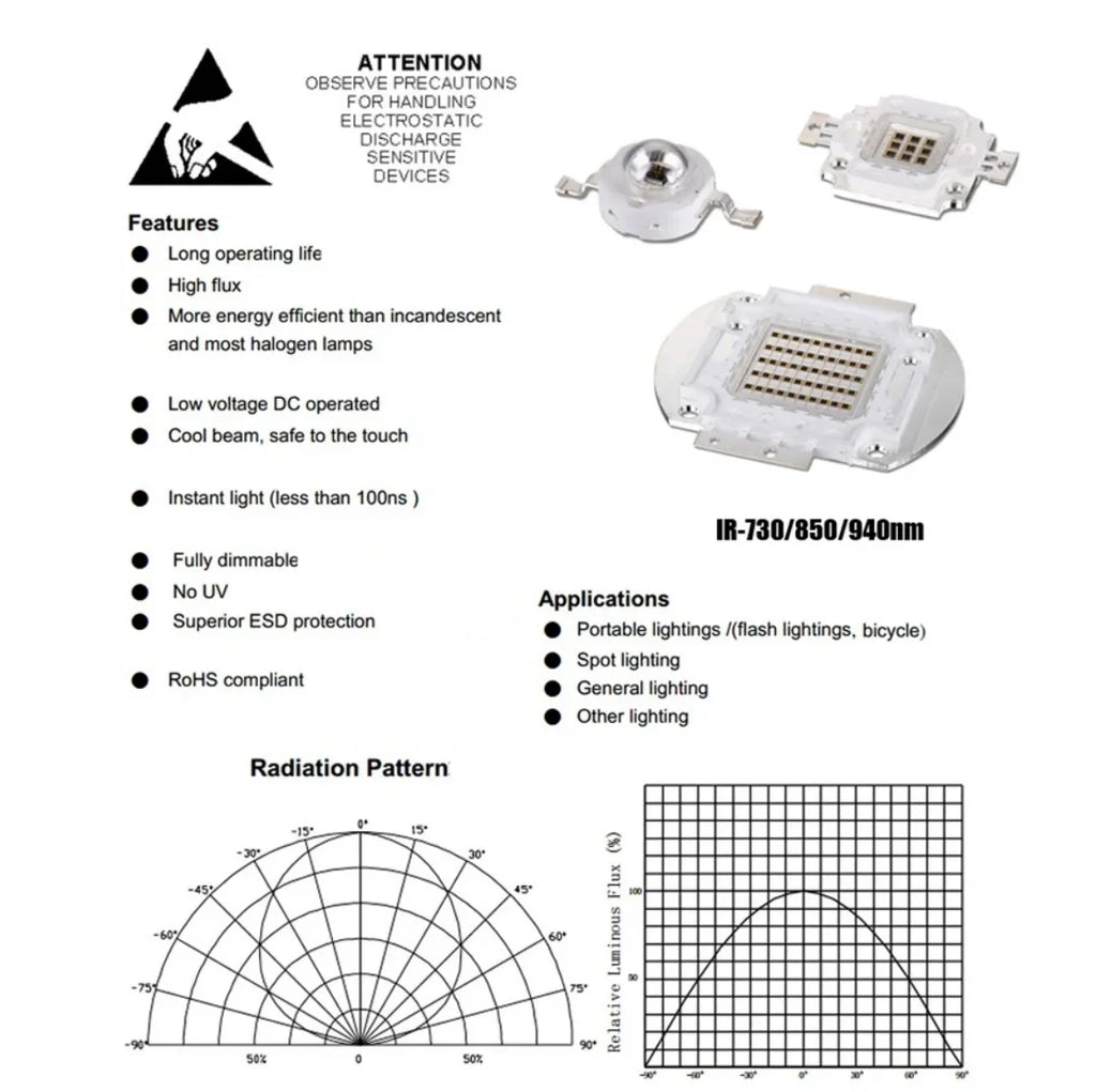 LED IR red 740 805 810 850nm 940 730nm 970nm 10w 20w 30w 50w 100w  cob Light High power infrared Chip  EPILEDS EPISTAR 1pcs