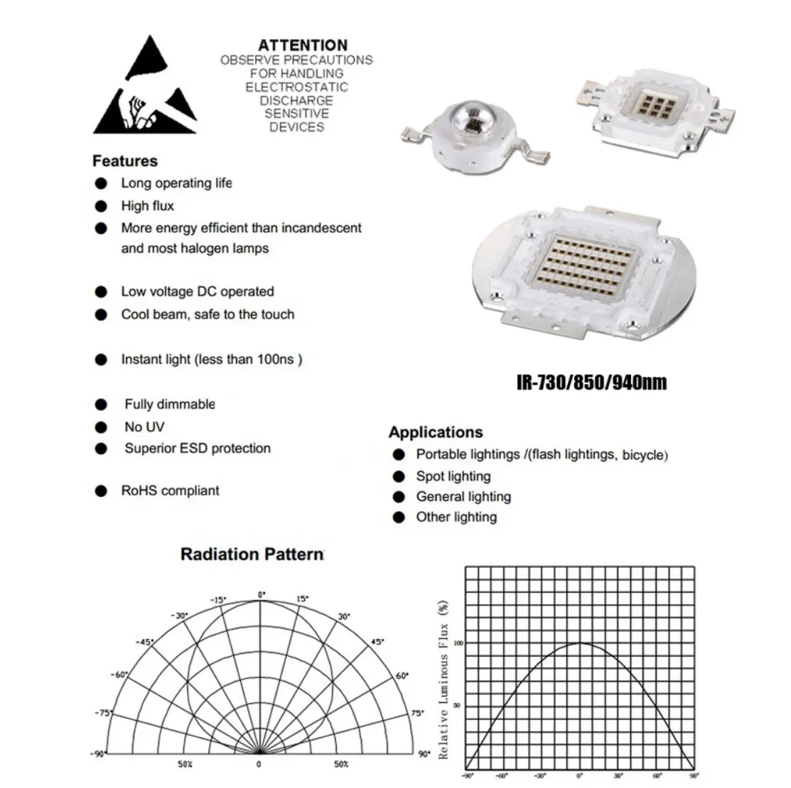 LED IR red 740 805 810 850nm 940 730nm 970nm 10w 20w 30w 50w 100w  cob Light High power infrared Chip  EPILEDS EPISTAR 1pcs