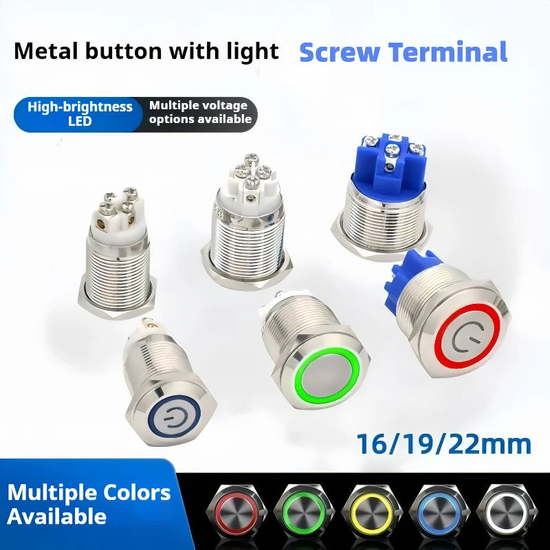 16/19/22MM Push Button Switch Screw Terminal Self-locking Latching Momentary Metal Black 12/24/220V Waterproof Power Start Stop
