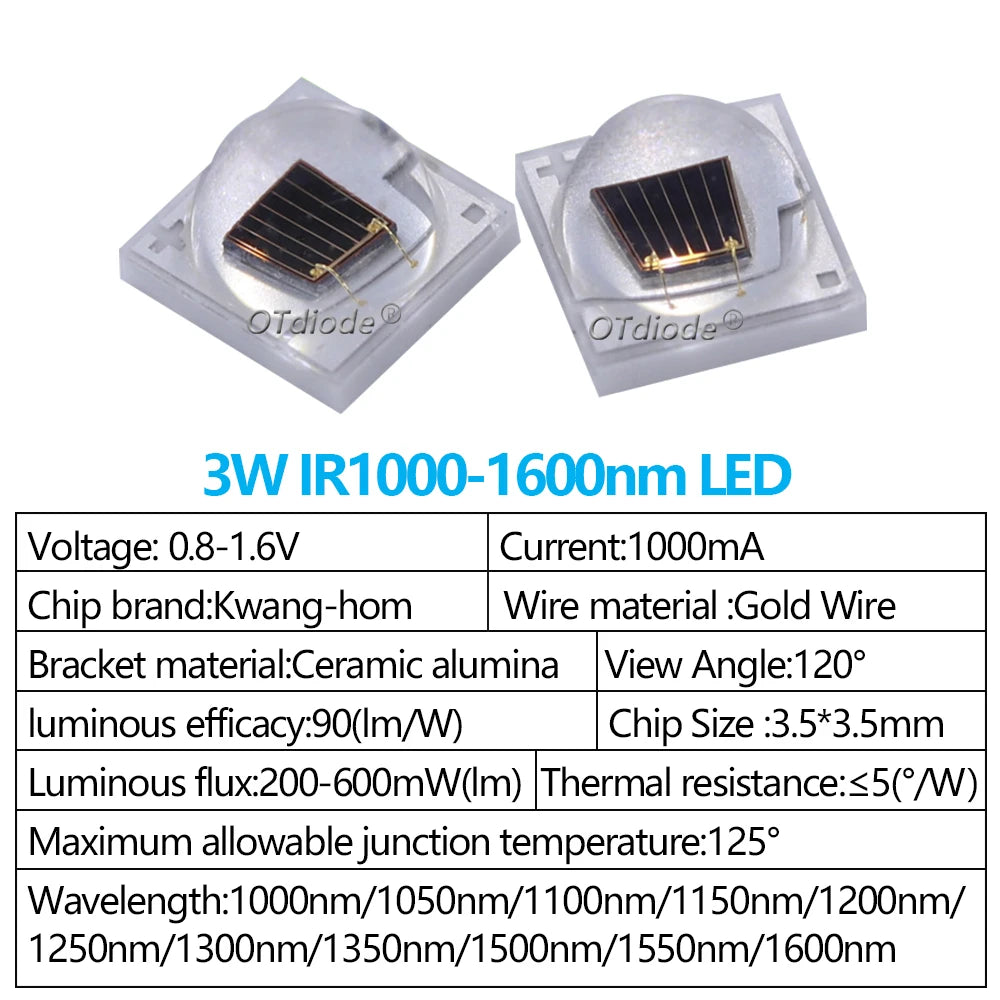 1pcs 1W 3W High Power 3535 LED Chip IR 1000nm 1200nm 1300nm 1500nm1600nm Infrared FarRed Diode Lamp for DIY Night Vision Camera