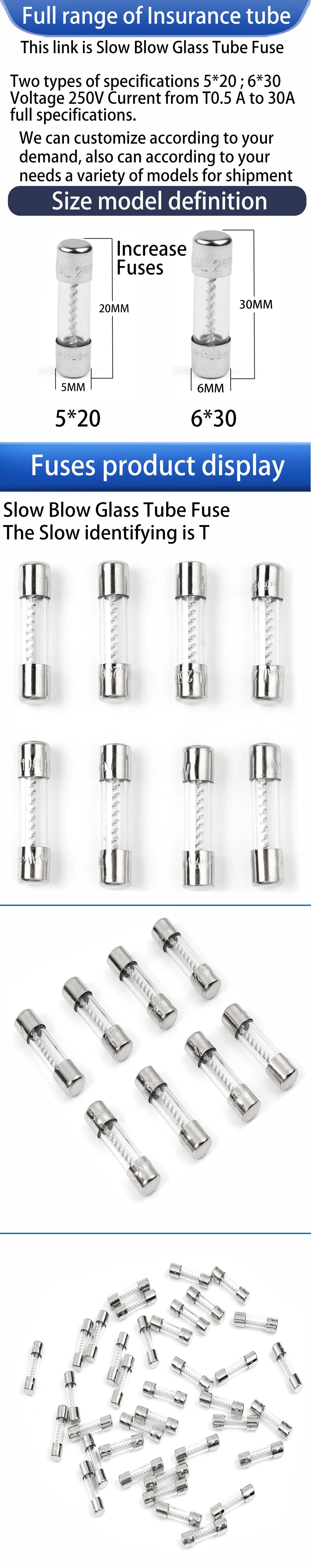 10PCS 5x20/6X30mm Slow Blow Glass Tube Fuse Multiple Current Specifications Can Mixed 0.5/1/23/4/5/6.3/10/15/20/30A