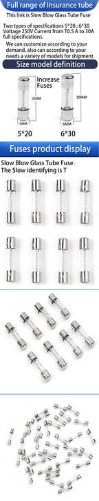 10PCS 5x20/6X30mm Slow Blow Glass Tube Fuse Multiple Current Specifications Can Mixed 0.5/1/23/4/5/6.3/10/15/20/30A