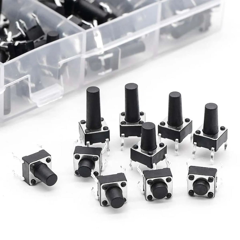 100Pcs 6x6mm Tactile Push Button Switch Assortment Kit, 9 Stem Heights 4Pin Vertical Momentary Micro Switches for Circuit Repair