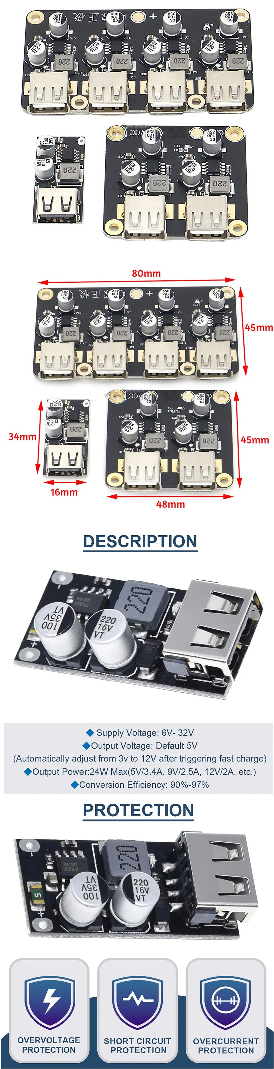 6-32V 9V 12V 24V to 5V 3A Fast Charging Module USB QC3.0 QC2.0 DC-DC Buck Converter Step-Down Quick Charger Circuit Board