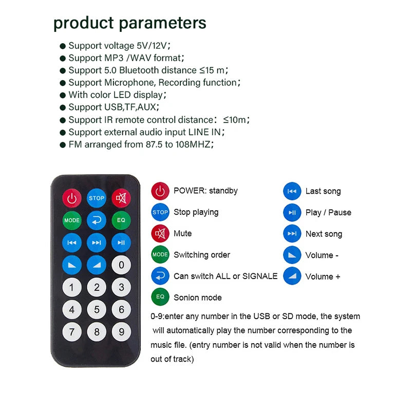 DC 5V 12V Audio Player Bluetooth 5.0 MP3 Decoder Board Hands-free Car Microphone USB TF FM Radio MP3 Music Player Speaker