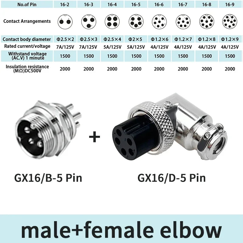 GX16 90 Degree Right Angle 16mm Aviation Connector Elbow M16-2 3 4 5 6 7 8 9 10 Pin  Female Plug Male Chassis Mount Socket