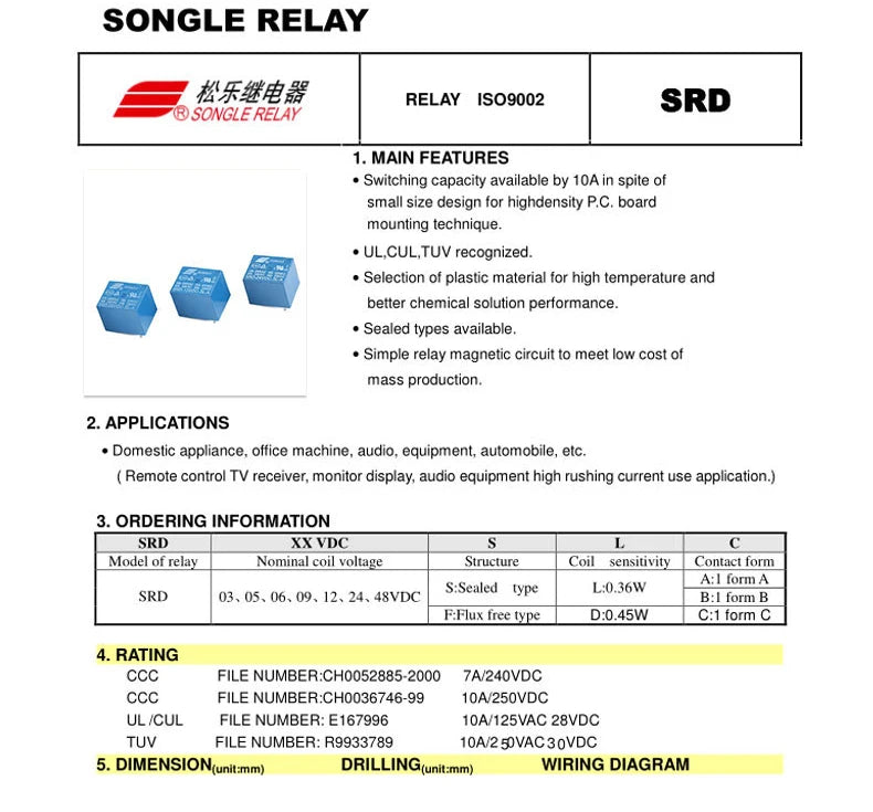 5PCS Power Relay 5V 12V 24V  SRD-05VDC-SL-A SRD-12VDC-SL-C SRD SRD 12VDC SL A C 10A 250VAC 5PIN DC Relay