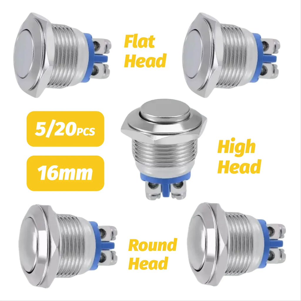 16mm Flat/High/Round Head Waterproof Momentary Reset Metal Push Button Switch Screw Terminal Car Engine Doorbell PC Power Switch