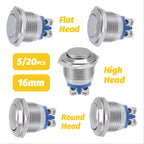 16mm Flat/High/Round Head Waterproof Momentary Reset Metal Push Button Switch Screw Terminal Car Engine Doorbell PC Power Switch