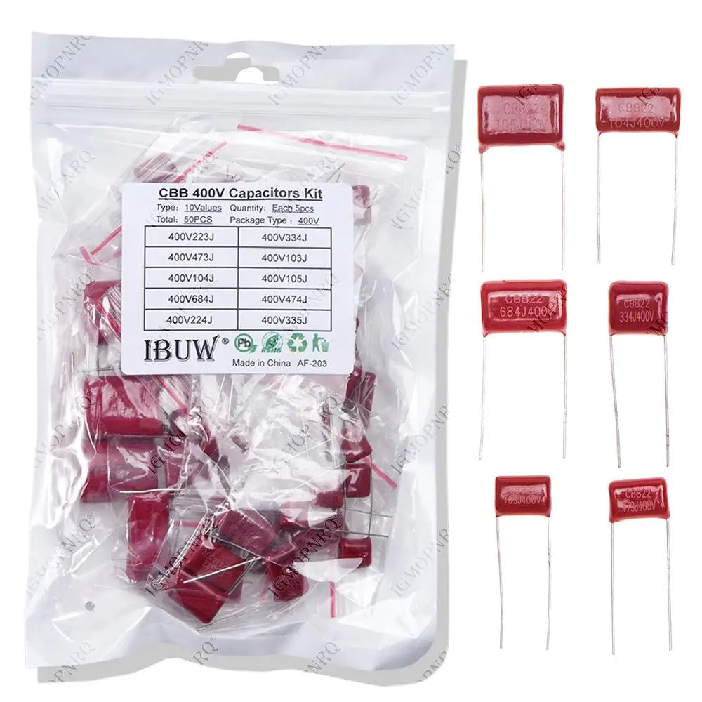 KIT 50PC=10value*5PCS Metallized Polyester Film Capacitors CBB Assortment Kit 400V 10nF ~ 3.3UF igmopnrq