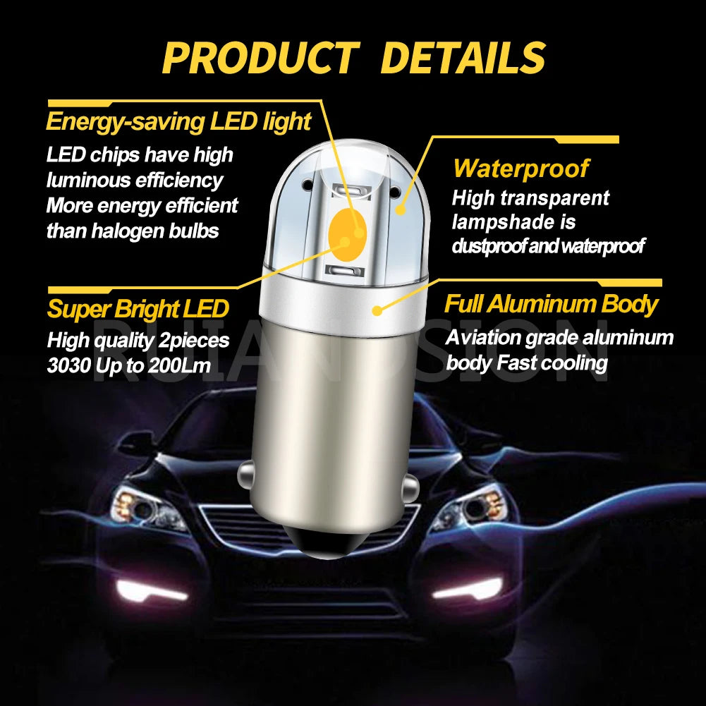 4PCS 6.3V BA9S 2 SMD 3030 LED Non Polarity 6V 12V 24V 110V 220V Car Bike Pinball Machine White Yellow 3000K