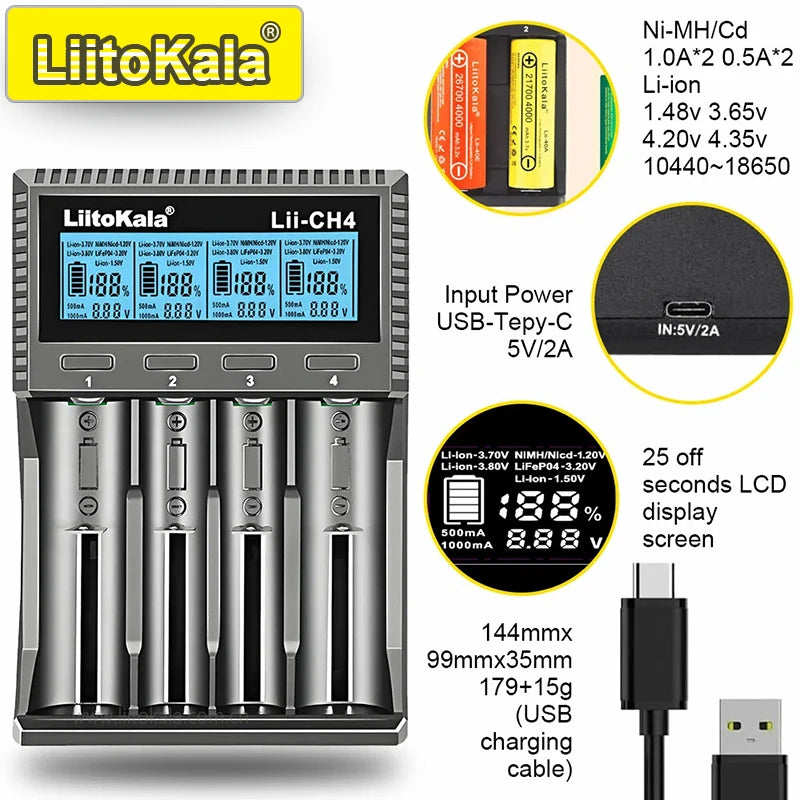 LiitoKala Lii-CH4 Smart Charger for 18650/21700/26650/AA/AAA/Ni-MH/Li-ion,1.2V/1.5V 4-Slot Fast Charge, USB-C, Auto Detect