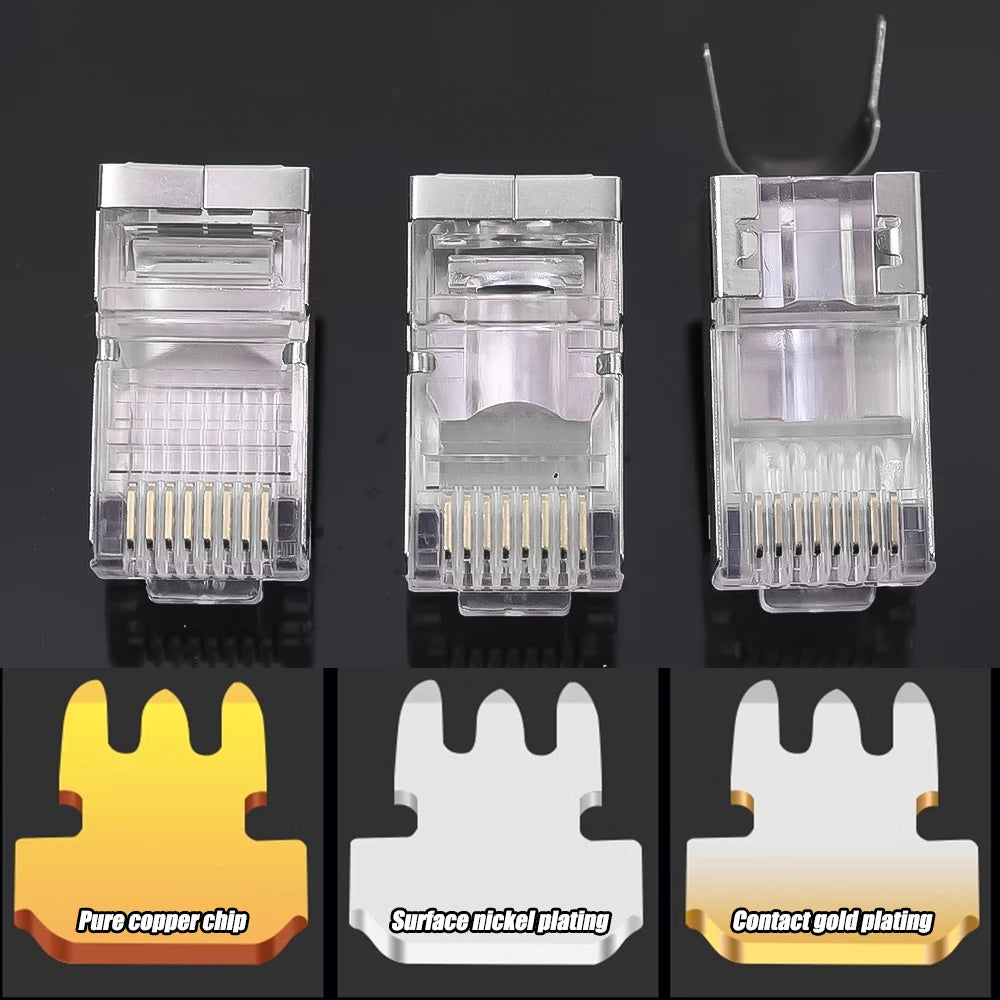 RJ45 CAT5/6/7 Connector 8P8C Modular Plug Adapter Pass Through Modular Plugs Shielded Gigabit Network Crimp Crystal Head