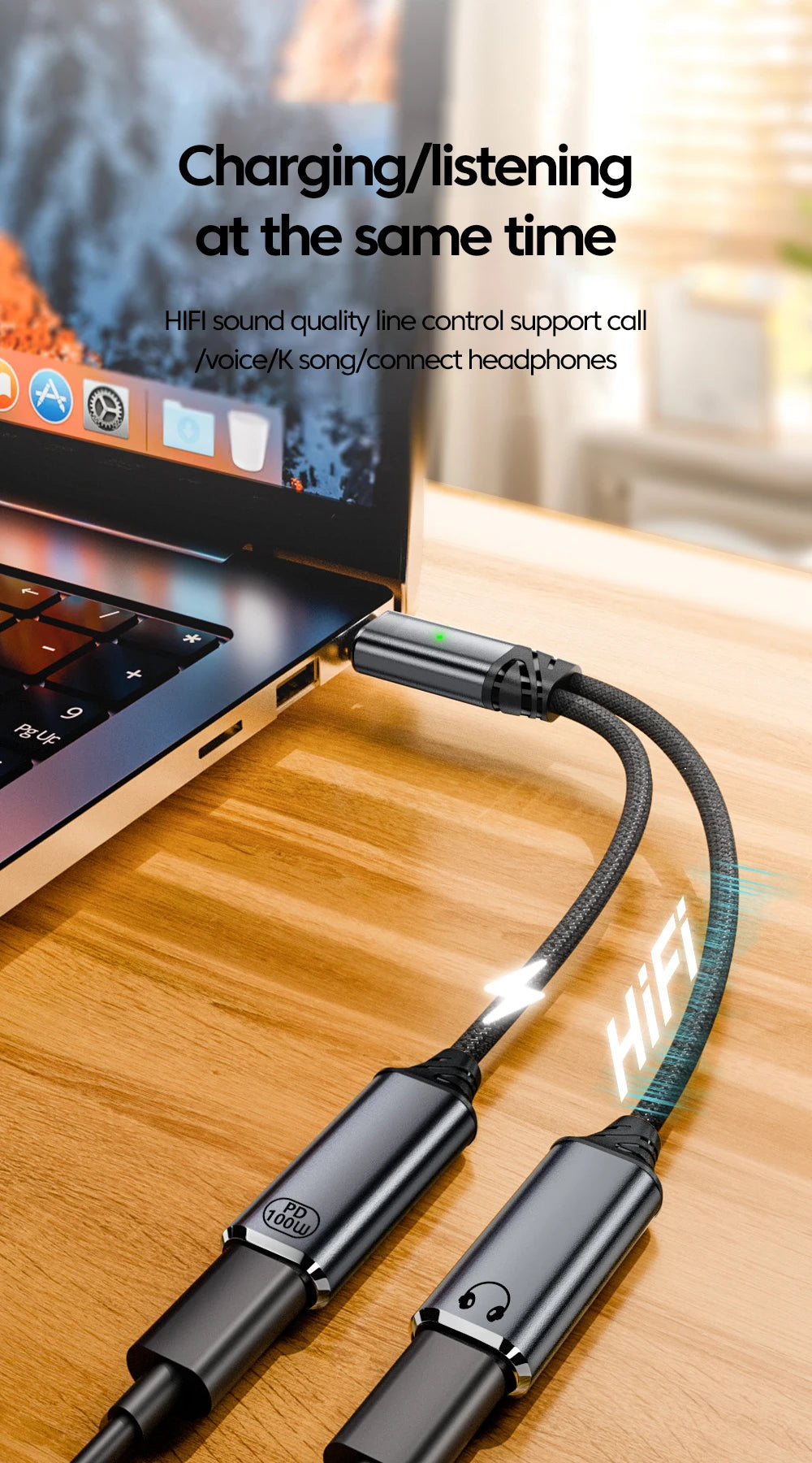 100W PD Fast Charger Cable 2 in 1 USB C Splitter Type USB C Headphones Jack Audio Adapter For Samsung iPhone 16 15 Huawei Xiaomi