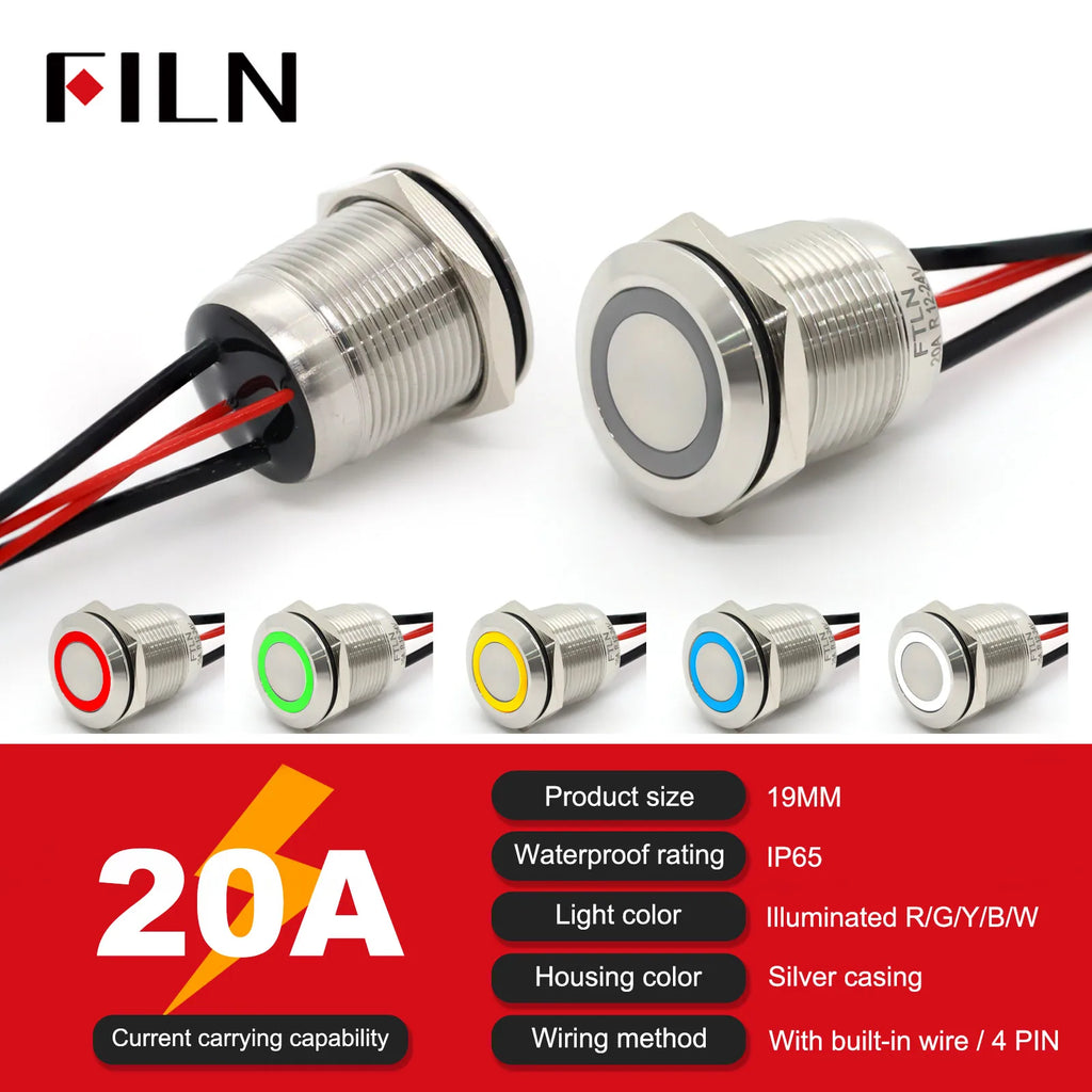 19mm 22mm 20A 12V 24V 110V 220V High Current IP68 Waterproof Flat Ring Round Push Button Switch Metal Stainless Steel 20cm Wire