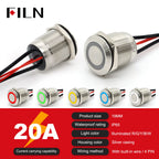 19mm 22mm 20A 12V 24V 110V 220V High Current IP68 Waterproof Flat Ring Round Push Button Switch Metal Stainless Steel 20cm Wire