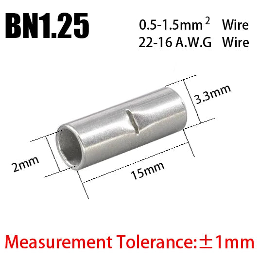 BN Copper Electrical Wire Cable Connection Crimp Sleeve Tubular Ferrule Lug Connector Non-Insulated Tube Butt Splices Terminal