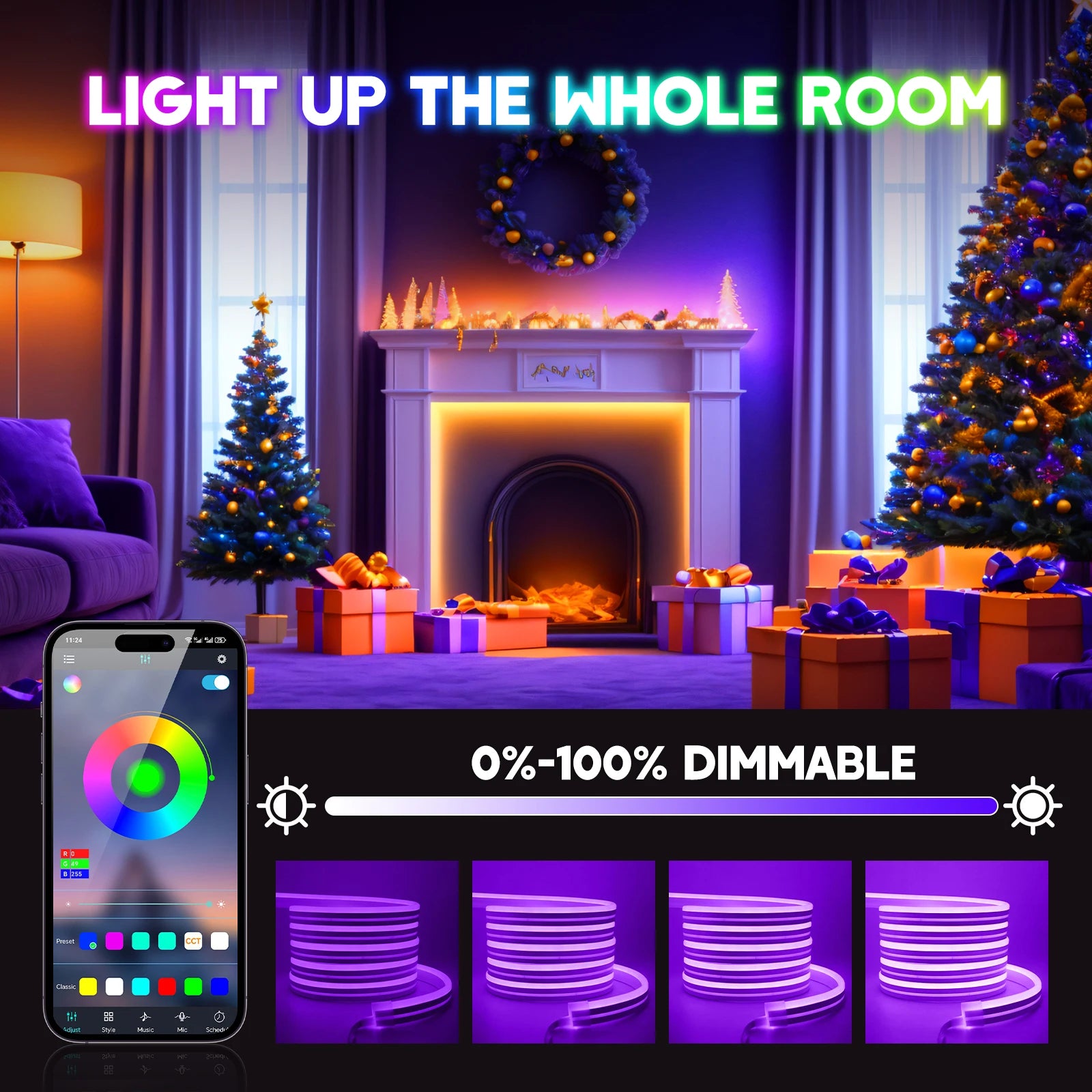 24V RGB 5m 10m 20m 30m LED Neon Strip Light Bluetooth APP 24key 44key Remote Control Music Sync Power Kit 60LED Waterproof Decor