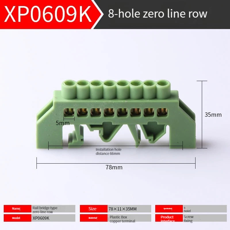 Bridge type guide rail type zero line busbar green flame-retardant terminal block 6 * 9 distribution box zero ground busbar conn