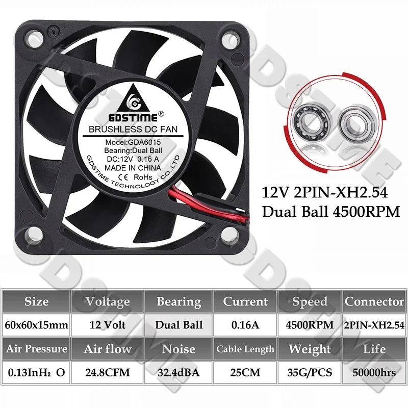 Gdstime 60MM Fan 24V 12V 5V Fan 60MMx15MM Brushless DC Exhaust Axial Cooling Fan 6cm 6015 Cooler for PC Equipment CPU Cooling