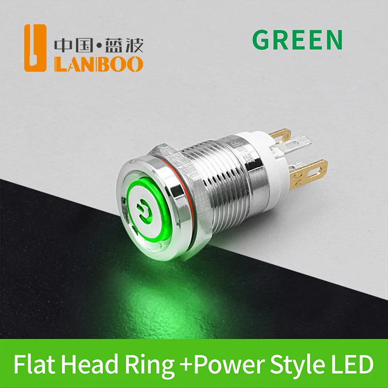 LANBOO 12E 7A High Current 4 Pin Switch Waterproof IP65 Latching or Momentary Micro Metal Push Button Switch with LED 24V220V