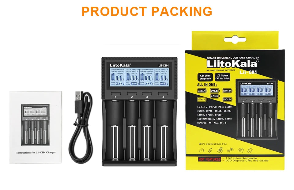 LiitoKala Lii-CH4 Smart Charger for 18650/21700/26650/AA/AAA/Ni-MH/Li-ion,1.2V/1.5V 4-Slot Fast Charge, USB-C, Auto Detect