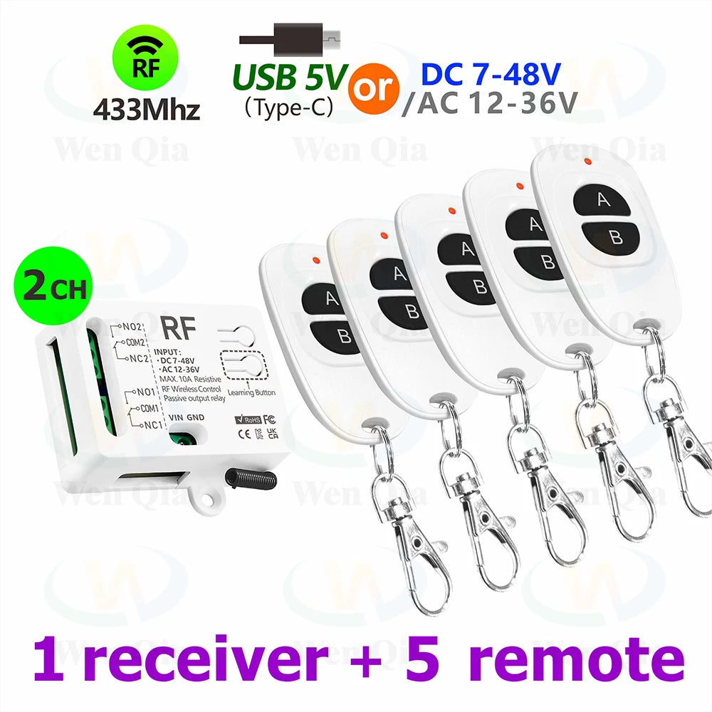 433MHz Wireless Remote Control Switch 2 CH DC 12V 24V 36V 48V Type-C 5V RF Relay Module for Light/Fan/Motor/Garage Door Opener