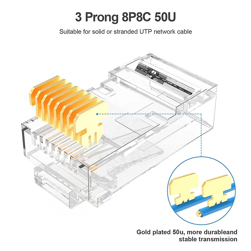 Hoolnx 2 Piece RJ45 Connector CAT6 Modular PLugs UTP STP 50U Gold Ethernet Ends Plated Load Bar for 23-24 AWG Lan Network Cable