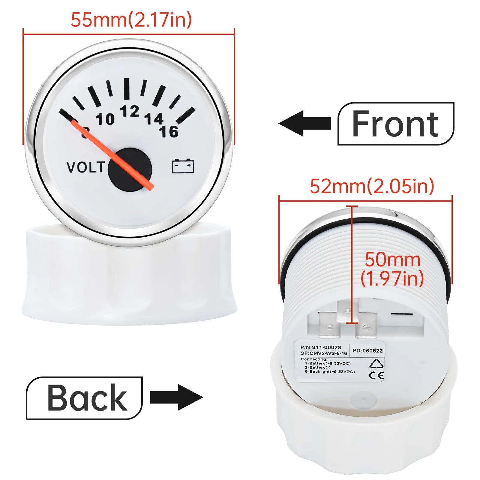 52mm Volt Gauge Marine Auto Voltmeter Universal 8-16V Waterproof Gauge Car Boat Instrument Red Backlight 12V Car Voltage Gauge