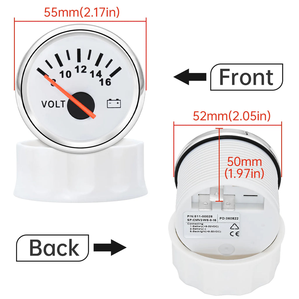 52mm Volt Gauge Marine Auto Voltmeter Universal 8-16V Waterproof Gauge Car Boat Instrument Red Backlight 12V Car Voltage Gauge
