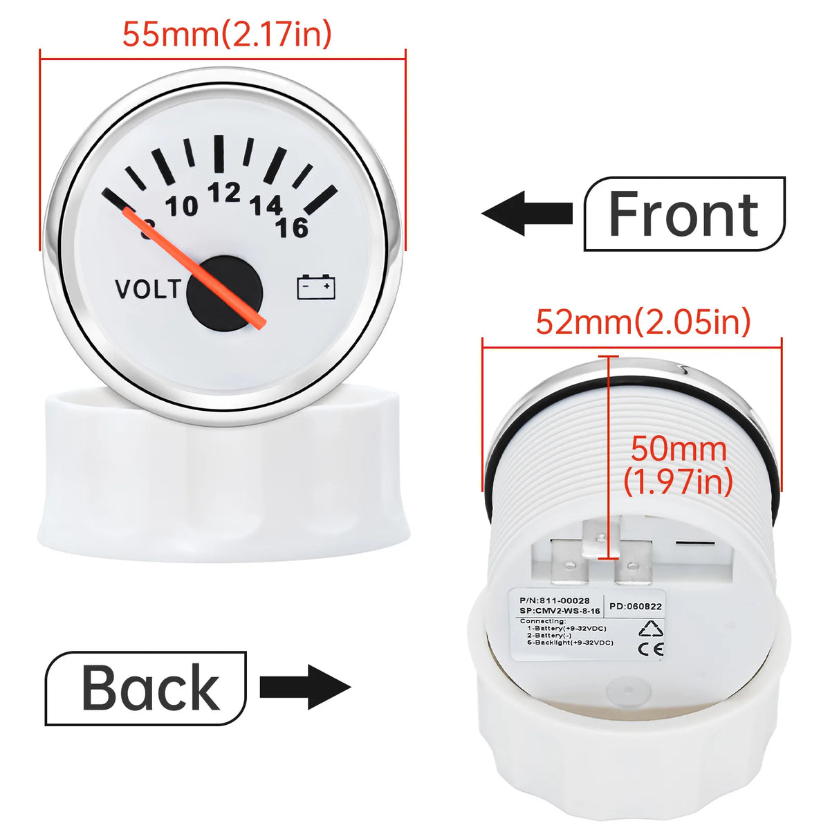 52mm Volt Gauge Marine Auto Voltmeter Universal 8-16V Waterproof Gauge Car Boat Instrument Red Backlight 12V Car Voltage Gauge